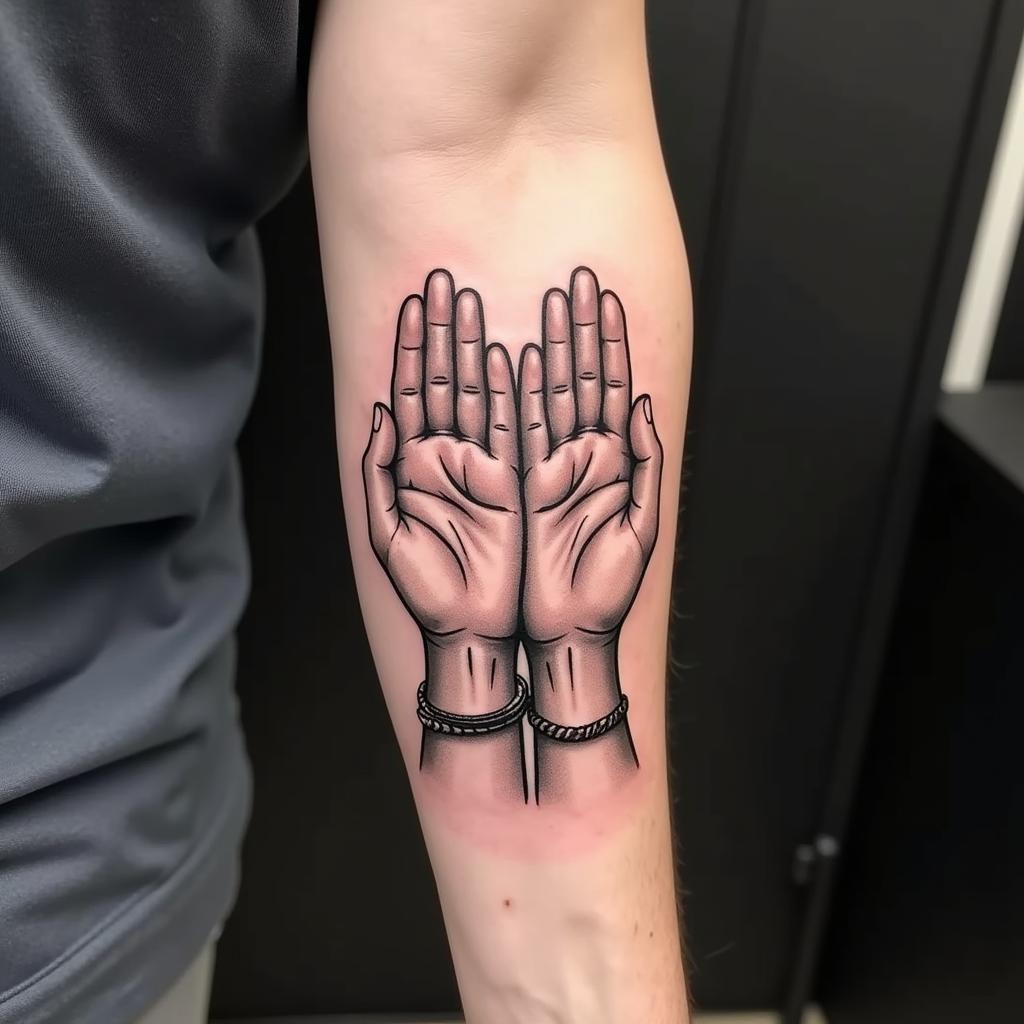 Hình xăm cánh tay hai bàn tay nắm nhau thiết kế lớn nhiều chi tiết vị trí xăm linh hoạt