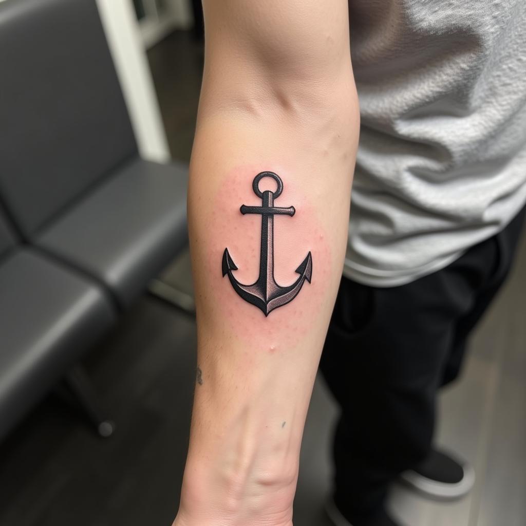 Hình xăm mỏ neo nhỏ trên cánh tay nam, biểu tượng cho sự ổn định và kiên định