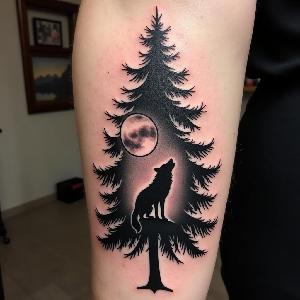 Hình xăm cây thông kết hợp với các loài động vật hoang dã, tạo vẻ đẹp ấn tượng