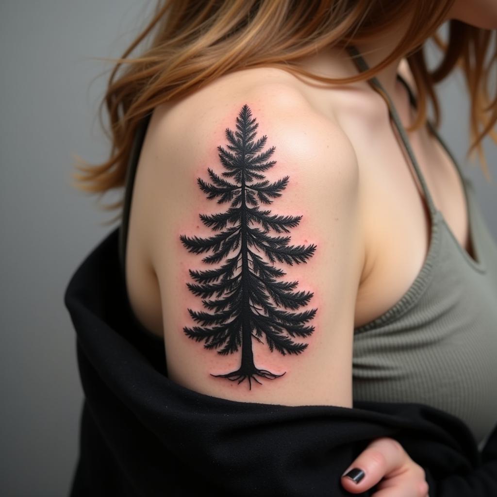 Hình xăm cây thông phong cách chân thực, tái hiện chi tiết sống động như thật