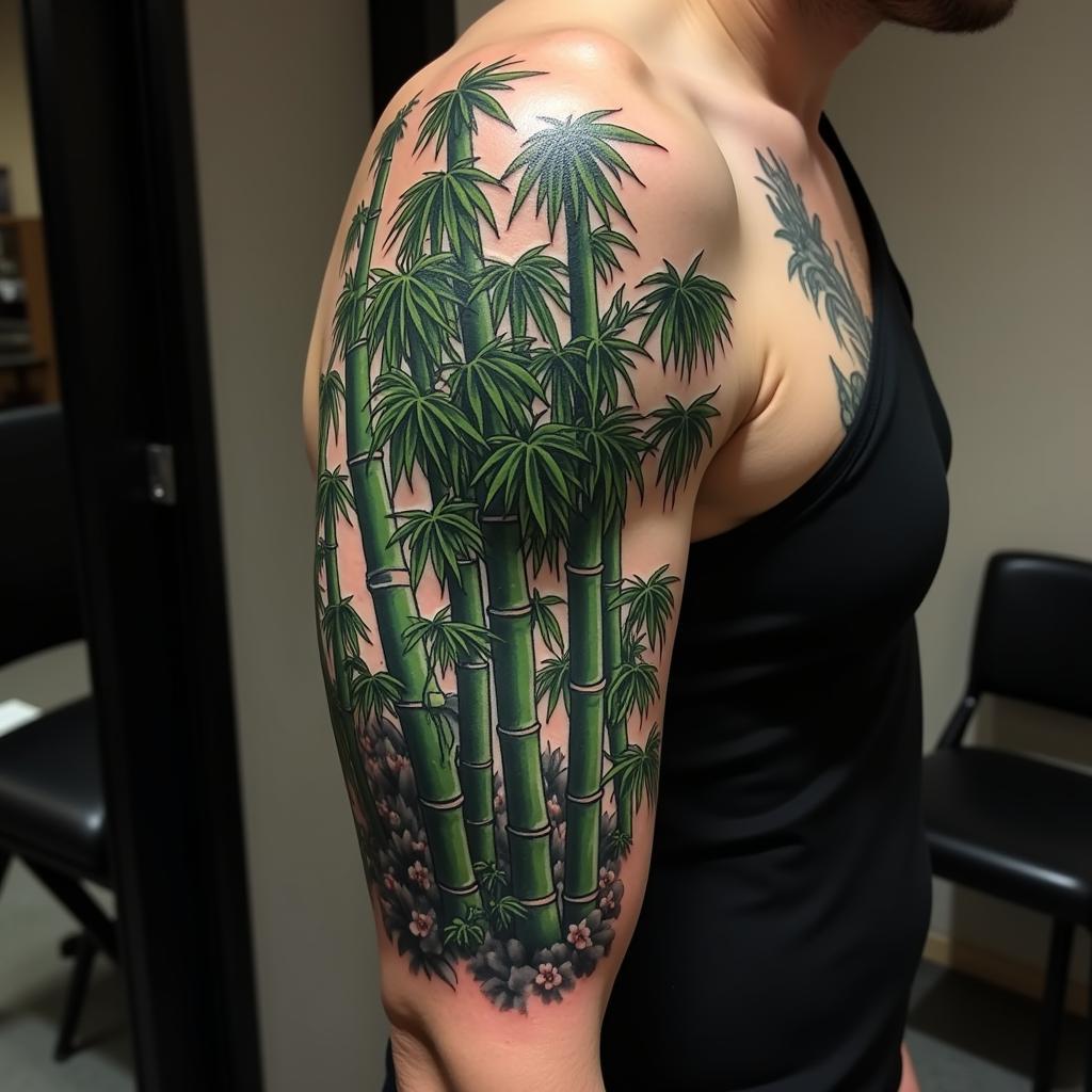 Hình xăm cây trúc lớn ở bắp tay thể hiện sự mạnh mẽ và cá tính