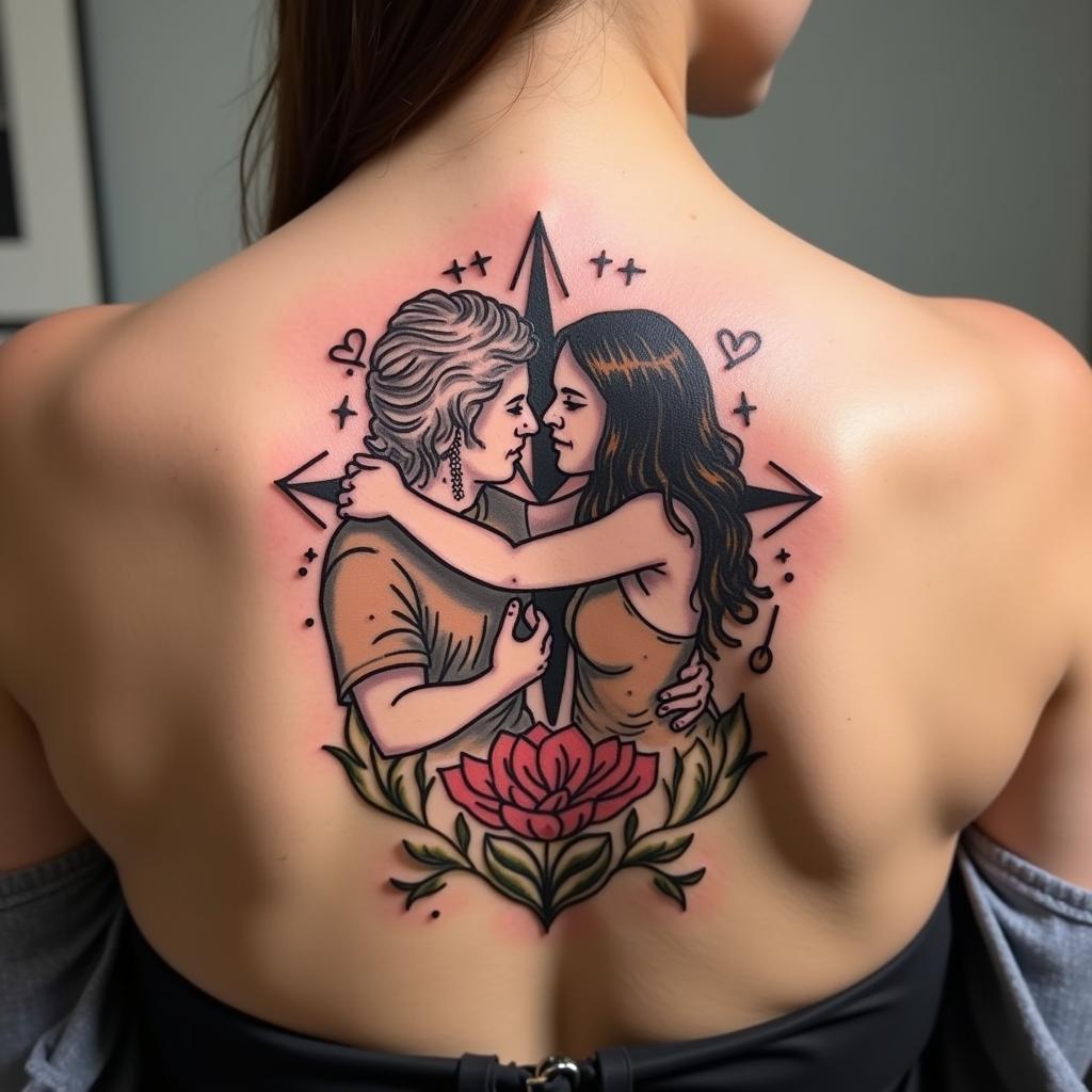 Hình xăm cha mẹ kín lưng với họa tiết tượng trưng cho tình yêu và sự hy sinh của cha mẹ