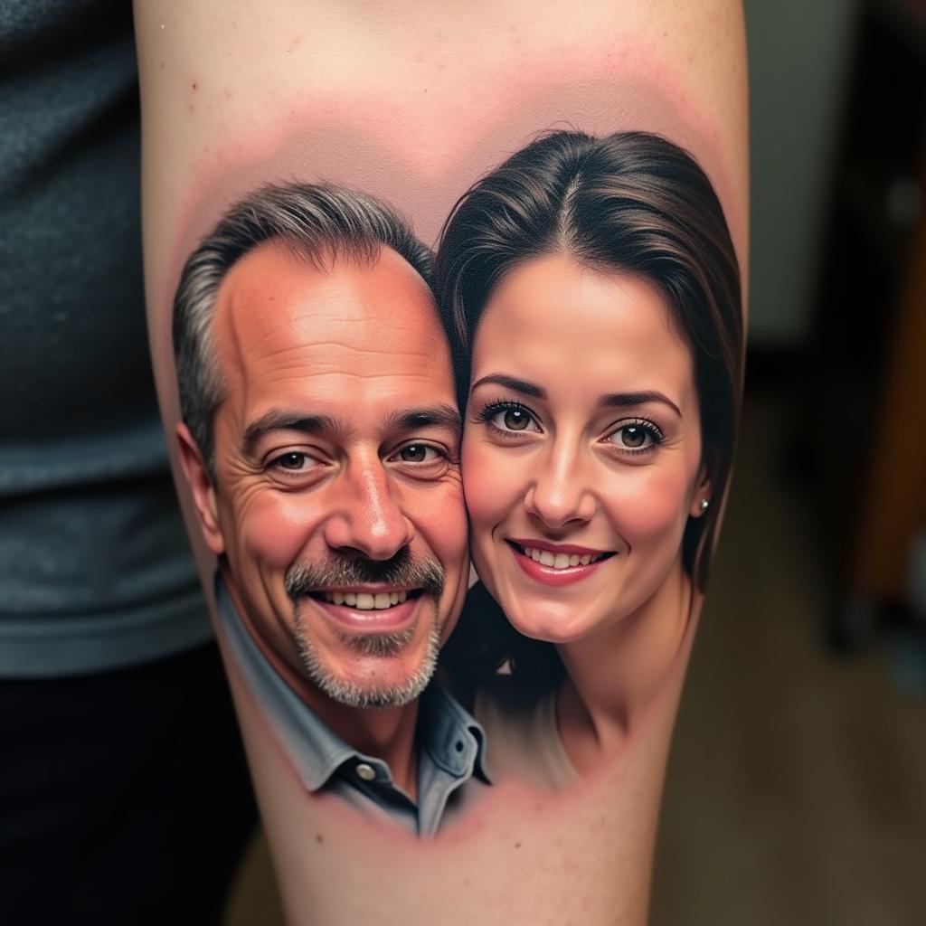 Hình xăm chân dung cha mẹ với nụ cười hiền hậu và ánh mắt yêu thương