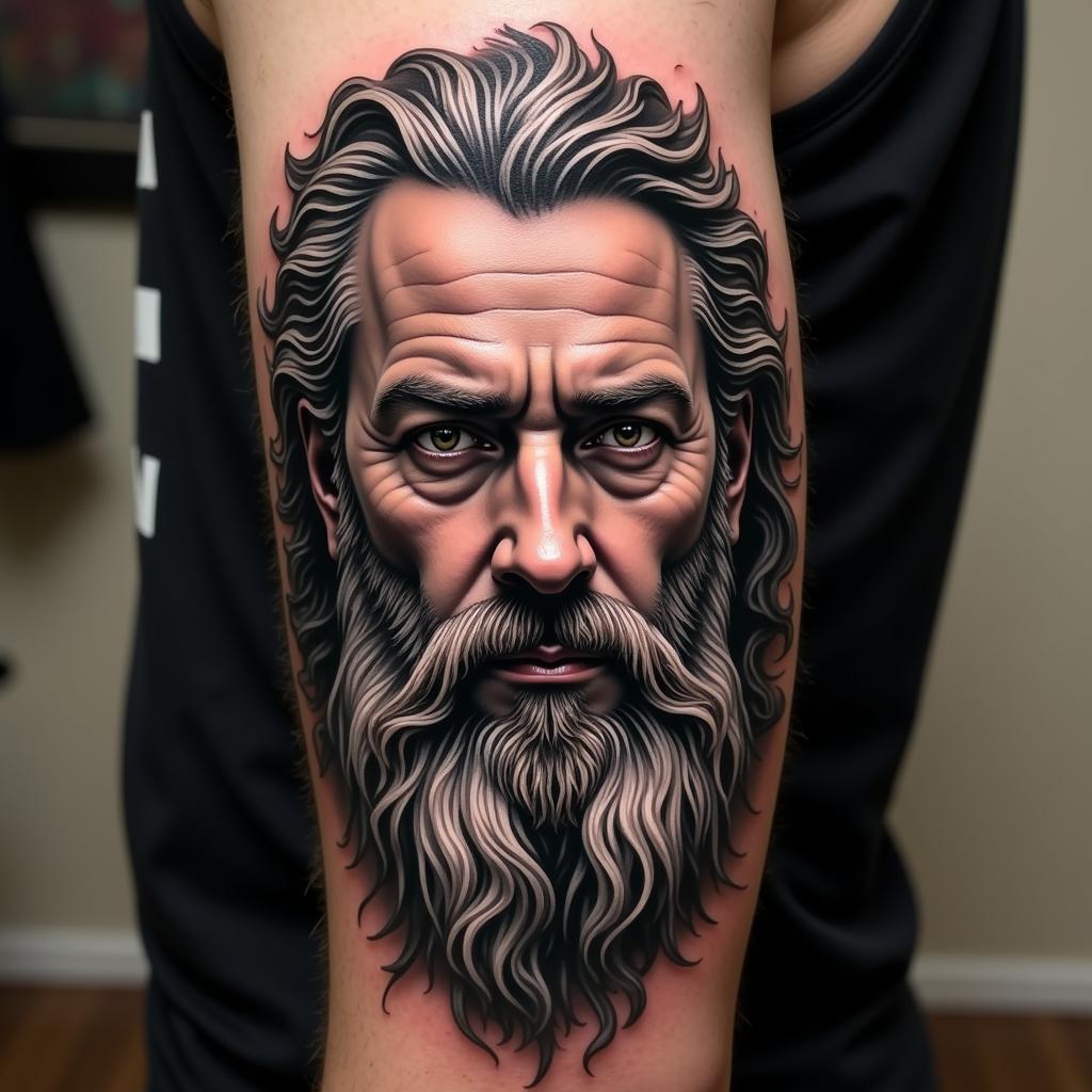 Hình xăm chân dung Poseidon phong cách realistic, thể hiện sự uy nghiêm và trí tuệ