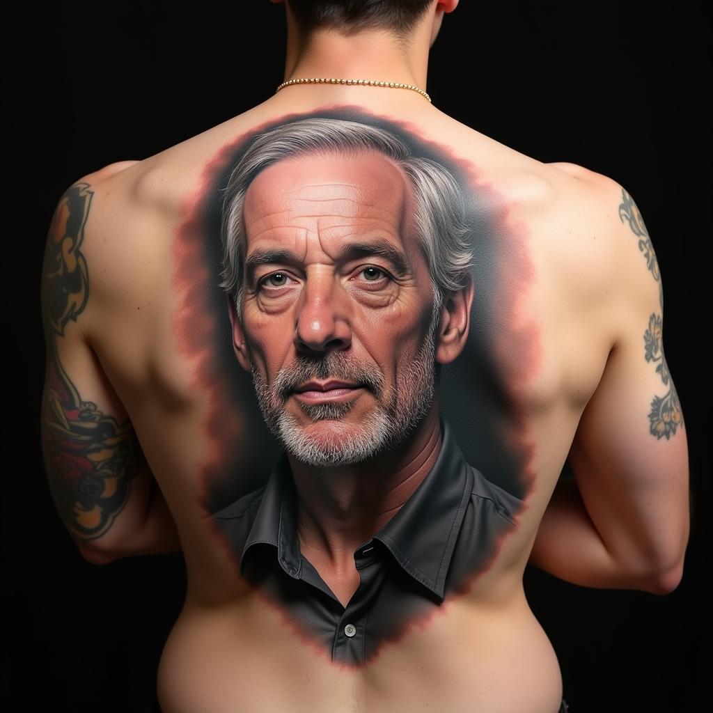 Hình xăm chân dung tả thực người cha trên lưng với độ chi tiết cao và sống động