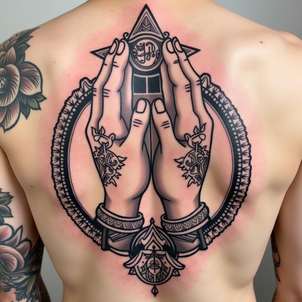 Hình xăm chắp tay chữ theo phong cách Sak Yant Thái Lan truyền thống và linh thiêng
