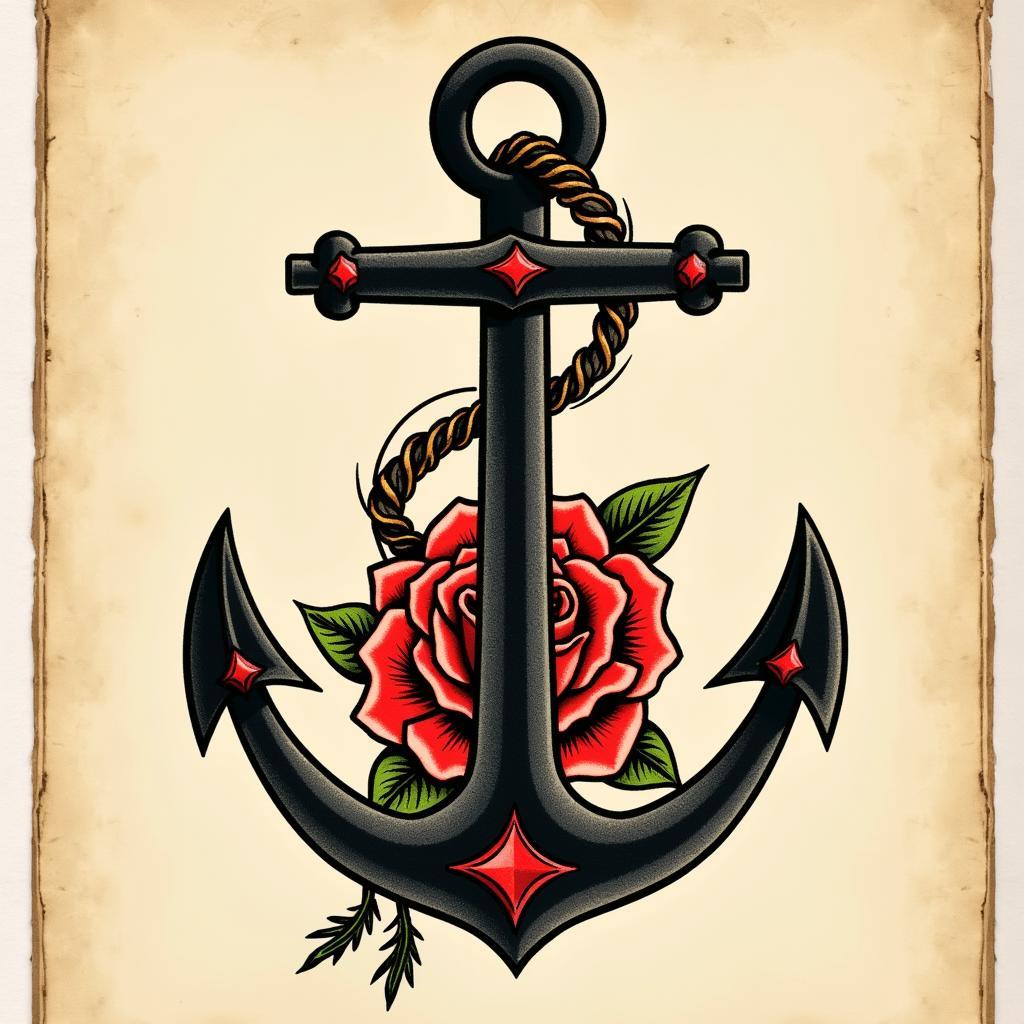 Hình xăm Châu Âu màu phong cách Old School cổ điển với mỏ neo và hoa hồng