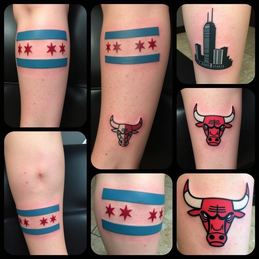 Hinh xam Chicago voi cac bieu tuong noi tieng nhu co Chicago, toa nha Willis, va logo Chicago Bulls