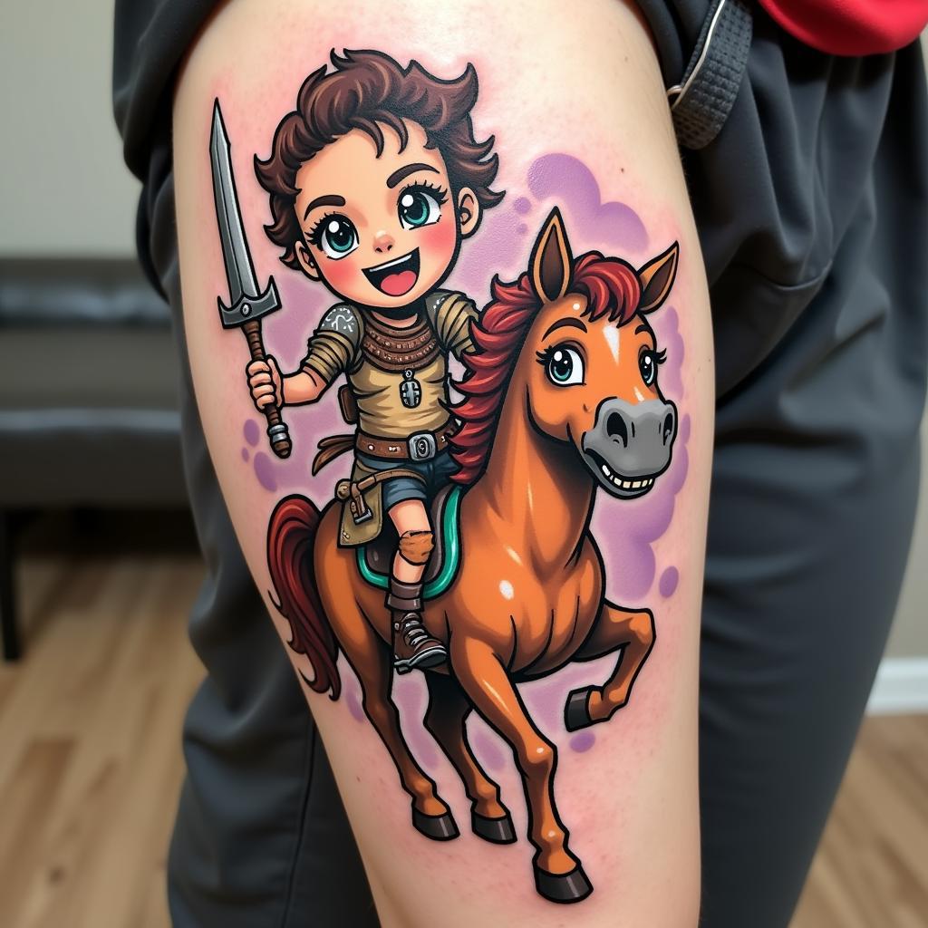 Hình xăm chiến binh hoạt hình cưỡi ngựa phong cách vui nhộn đáng yêu trẻ trung