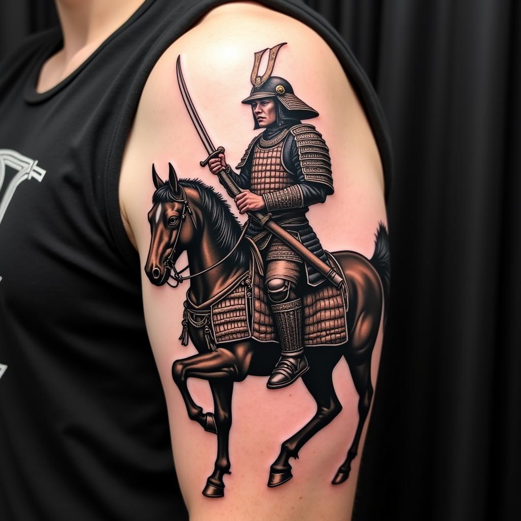 Hình xăm chiến binh Samurai cưỡi ngựa kiếm katana áo giáp tinh thần võ sĩ đạo kỷ luật
