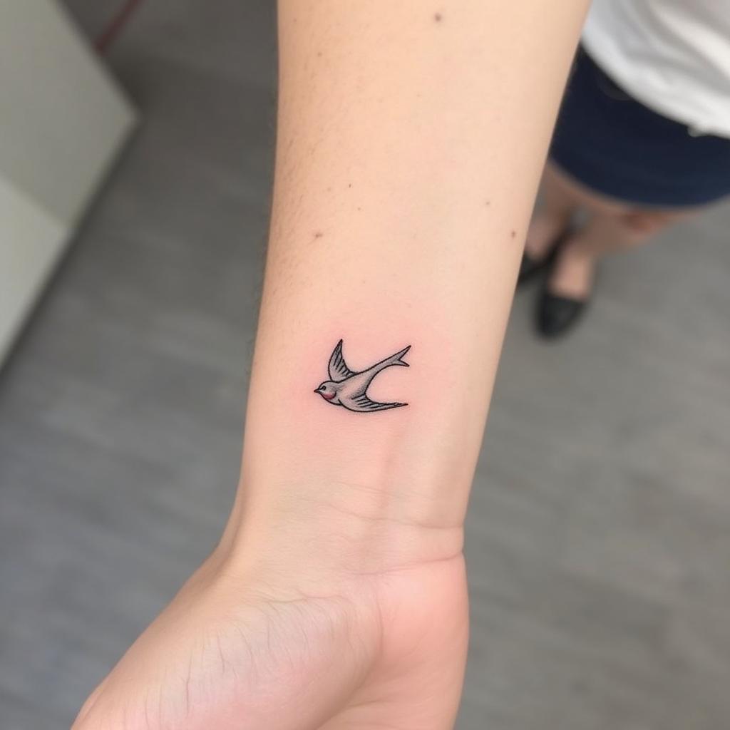 Hình xăm chim én nhỏ nhắn ở cổ tay thể hiện sự nhẹ nhàng tinh tế và tự do