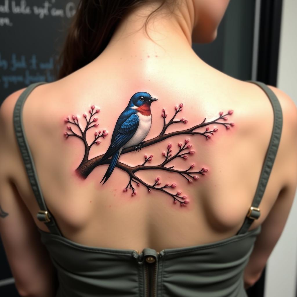 Hình xăm chim én đậu trên cành cây biểu tượng cho sự bình yên và gắn bó gia đình