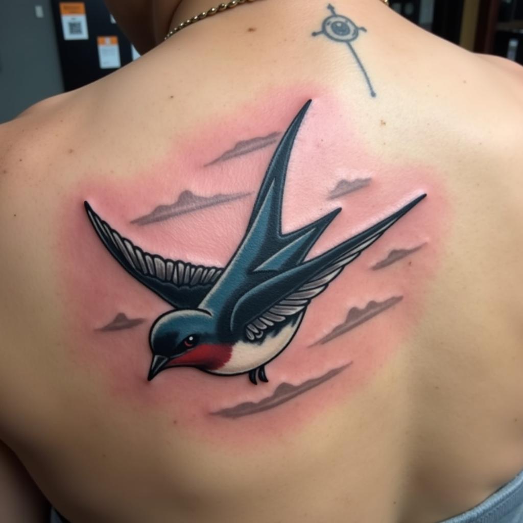 Hình xăm chim én đang bay lượn tự do trên bầu trời thể hiện sự phóng khoáng