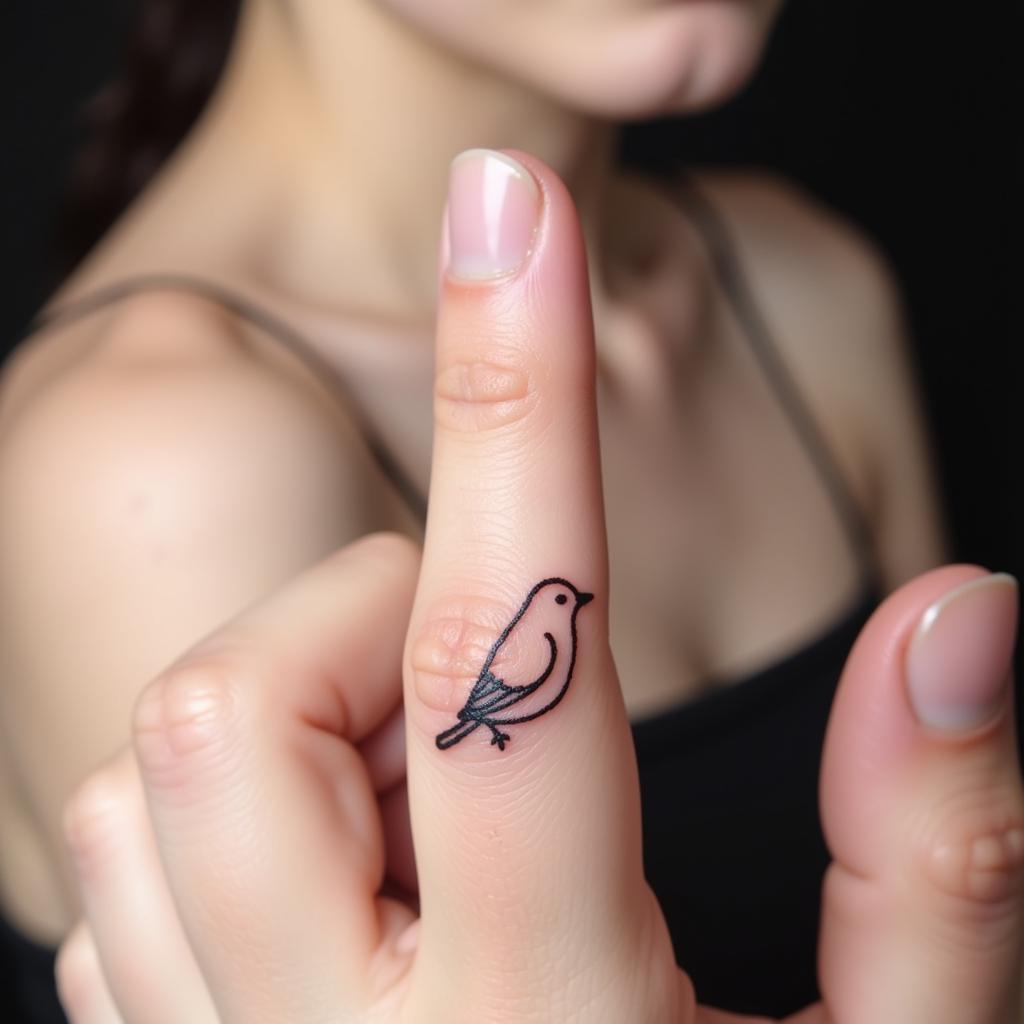 Hình xăm chim nhỏ phong cách tối giản với đường nét mảnh mai trên ngón tay tinh tế