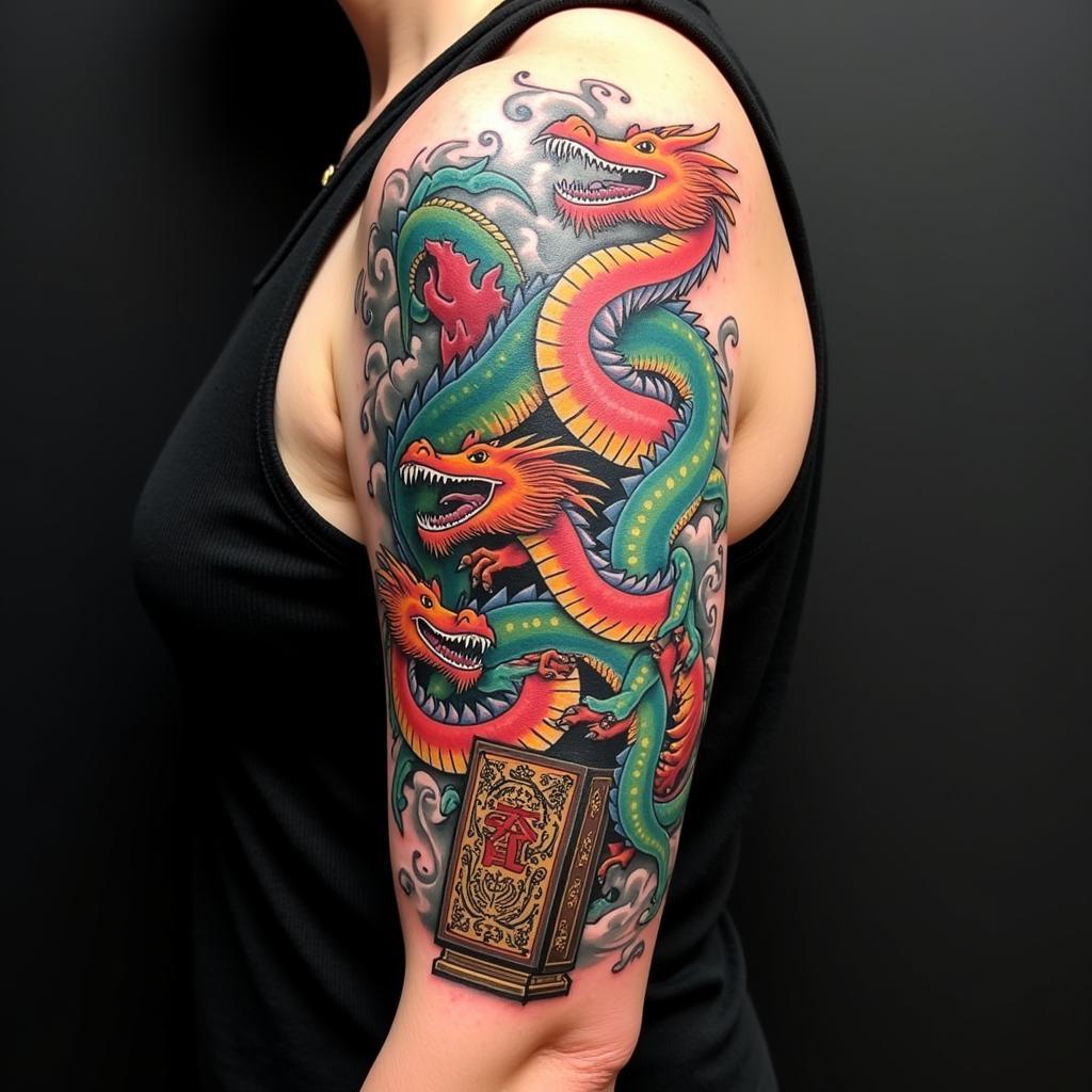 Hình xăm 9 rồng kéo quan tài với đầu rồng uy mãnh