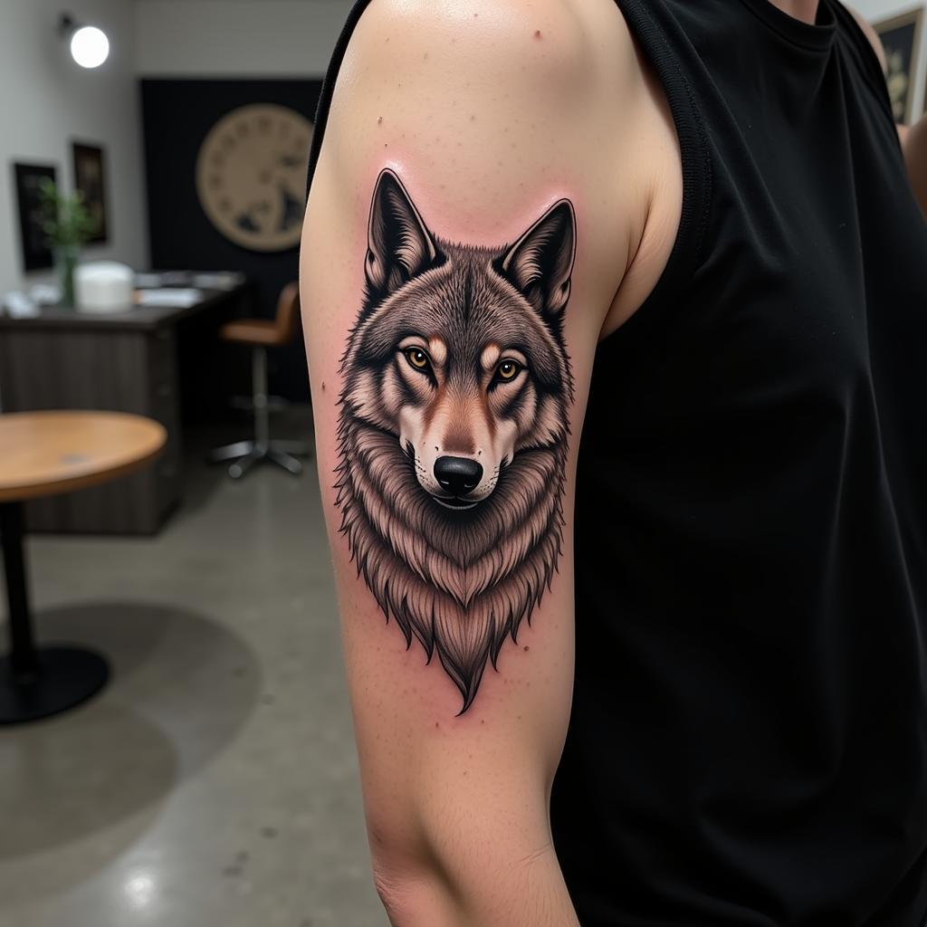 Hình xăm chó sói hung dữ ở cánh tay với thiết kế độc đáo, thể hiện sự linh hoạt và sáng tạo.