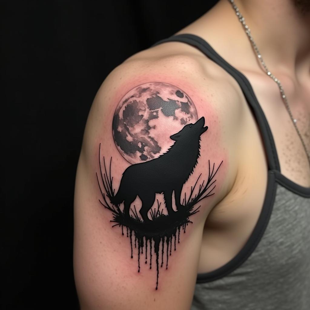 Hình xăm chó sói hú trăng trên vai nam giới