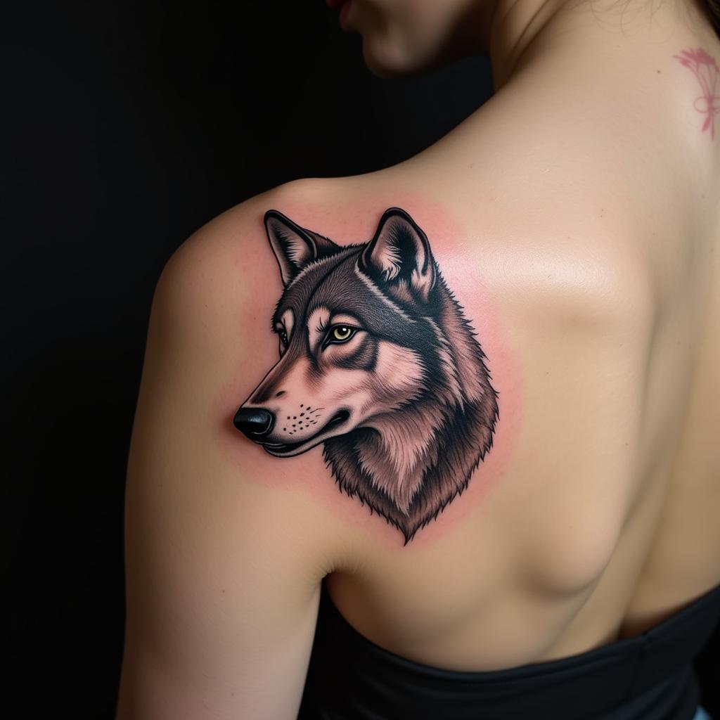 Hình xăm chó sói hung dữ ở vai của phụ nữ, thể hiện sự chín chắn và đáng tin cậy.