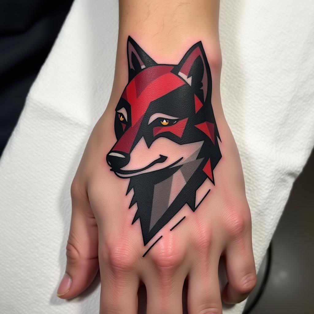 Hình xăm chó sói trừu tượng và cách điệu trên tay