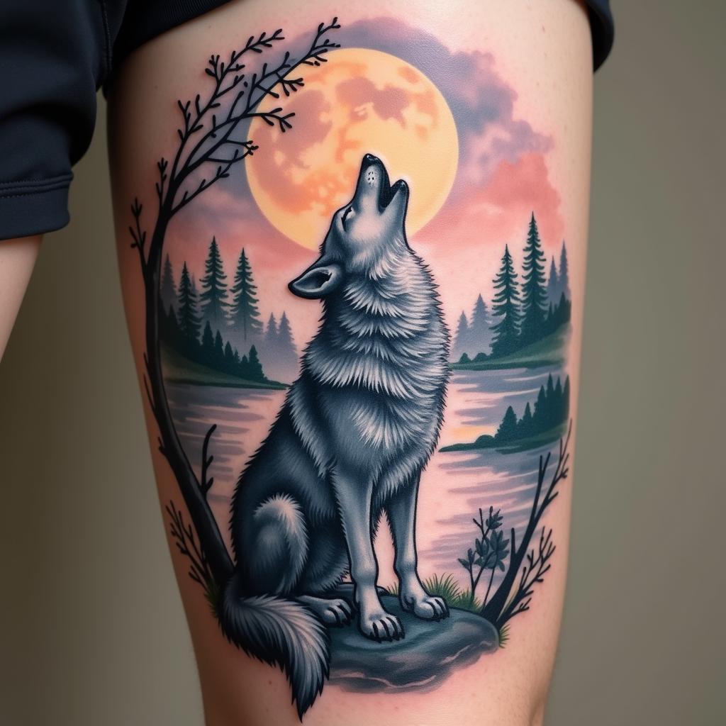 Hình xăm chó sói tru dưới ánh trăng tròn đầy ma mị và kết nối với thiên nhiên.