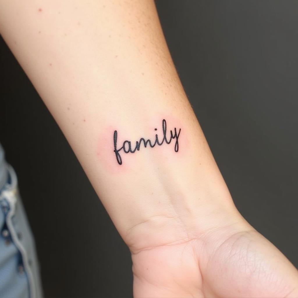 Hinh xăm chữ Family ở cổ tay thiết kế đơn giản, tinh tế, phông chữ thanh mảnh, không họa tiết cầu kỳ.