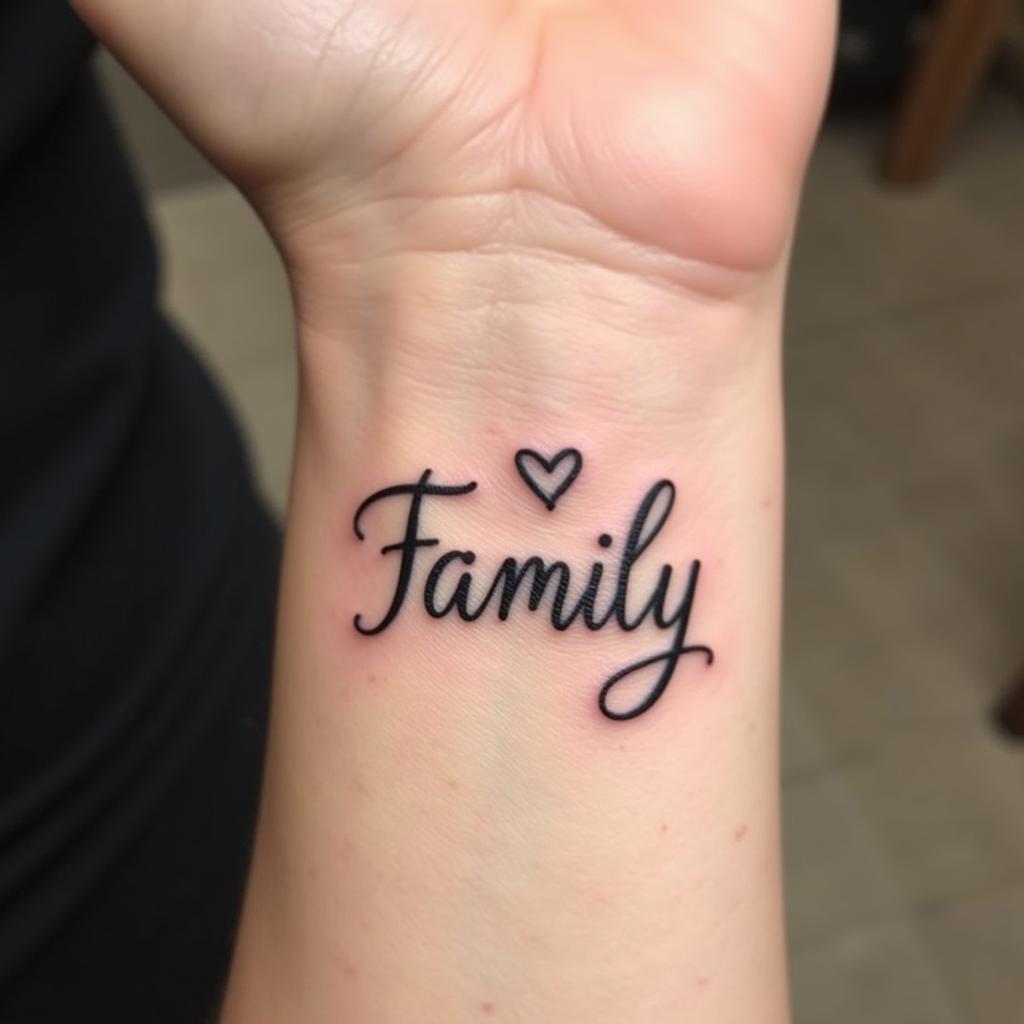 Hình xăm chữ Family ở cổ tay kết hợp hình trái tim nhỏ, biểu tượng tình yêu và sự gắn kết gia đình.