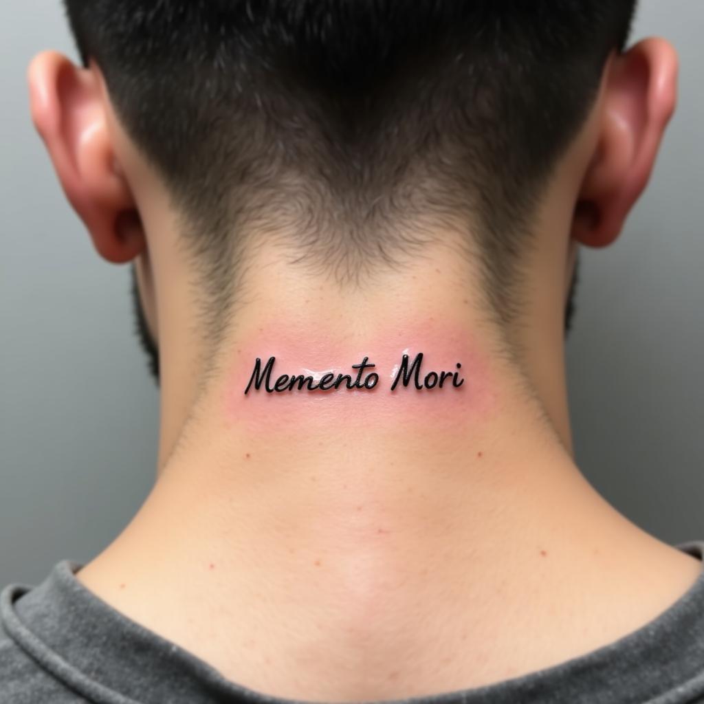 Hình xăm chữ Memento Mori ở cổ nam, phong cách minimalist