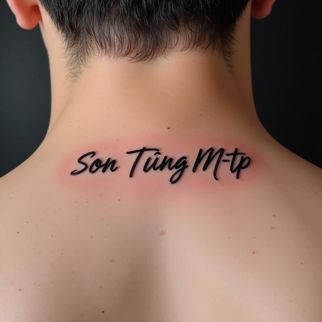 Hình xăm chữ độc đáo ở cổ của Sơn Tùng M-TP với kiểu chữ thiết kế riêng biệt và cá tính