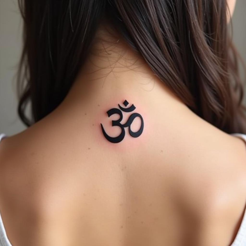 Hình xăm chữ Om đơn giản và tinh tế ở sau gáy người phụ nữ, tượng trưng cho sự bình yên nội tâm
