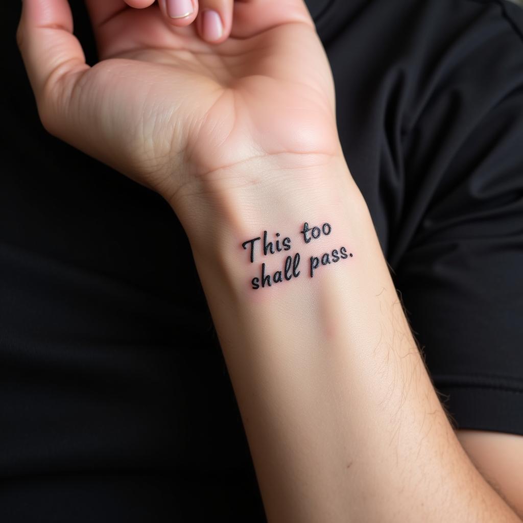 Hinh xam chu "This too shall pass" tren co tay nam mang y nghia dong vien vuot qua kho khan