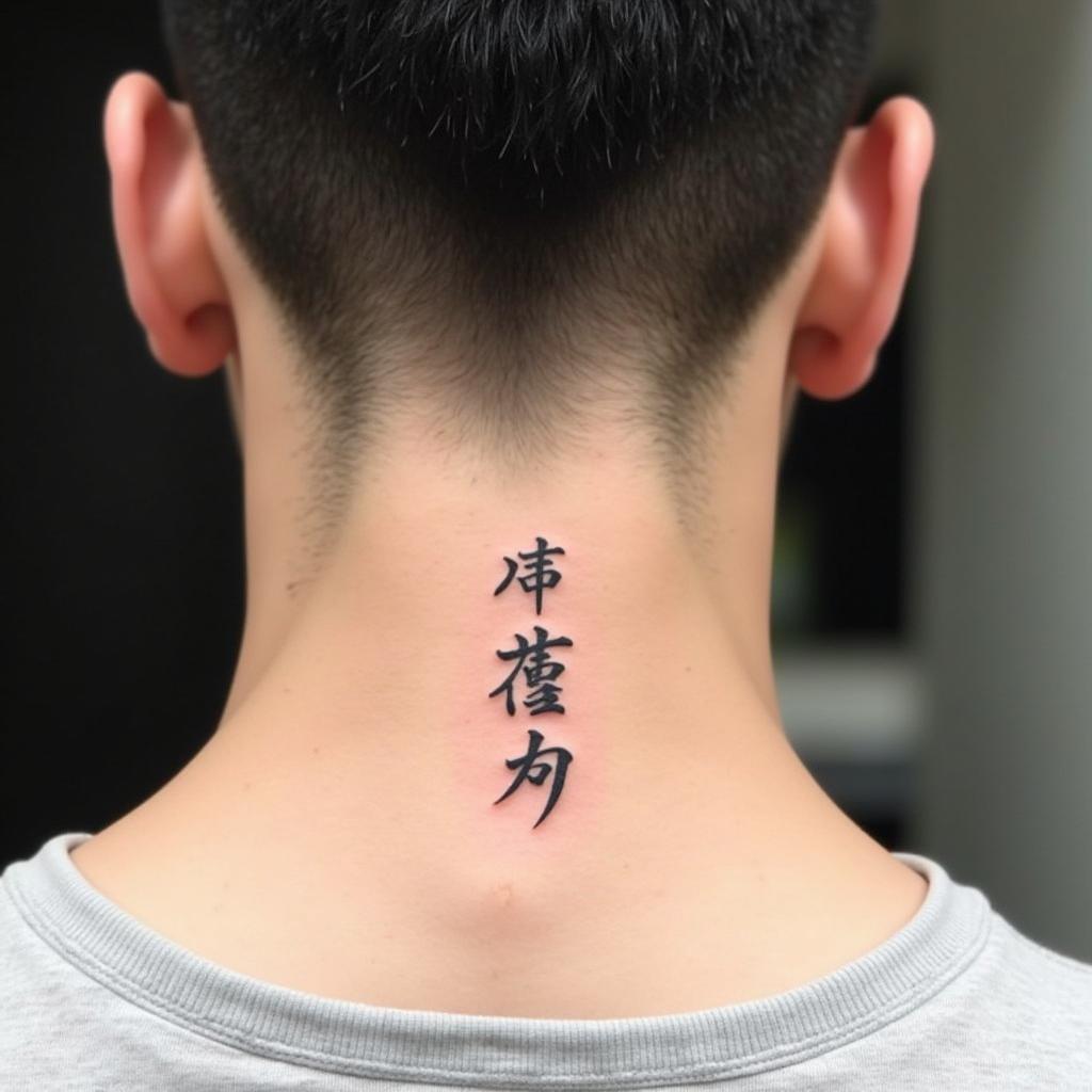 Hinh xăm chữ thư pháp tên mẹ sau gáy thể hiện tình yêu thương gia đình