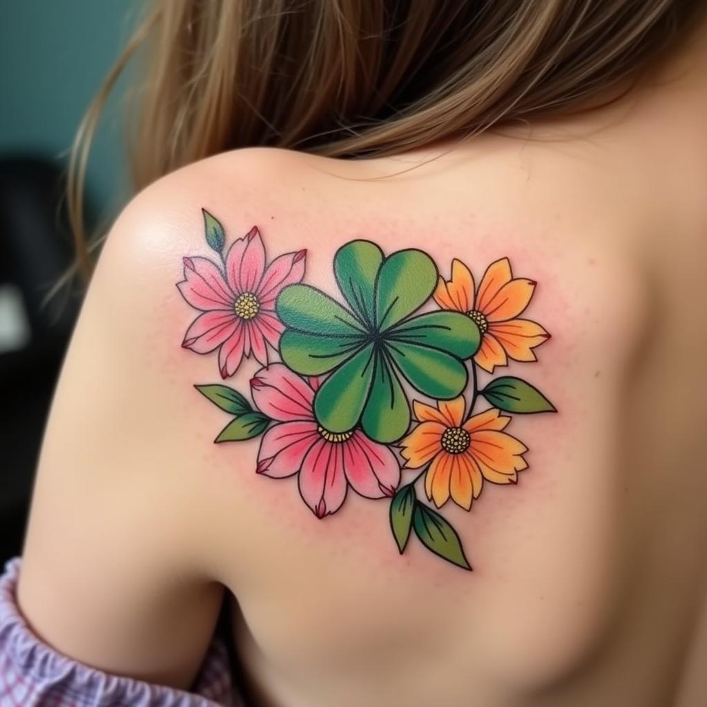 Hình xăm cỏ 4 lá kết hợp hoa trên vai