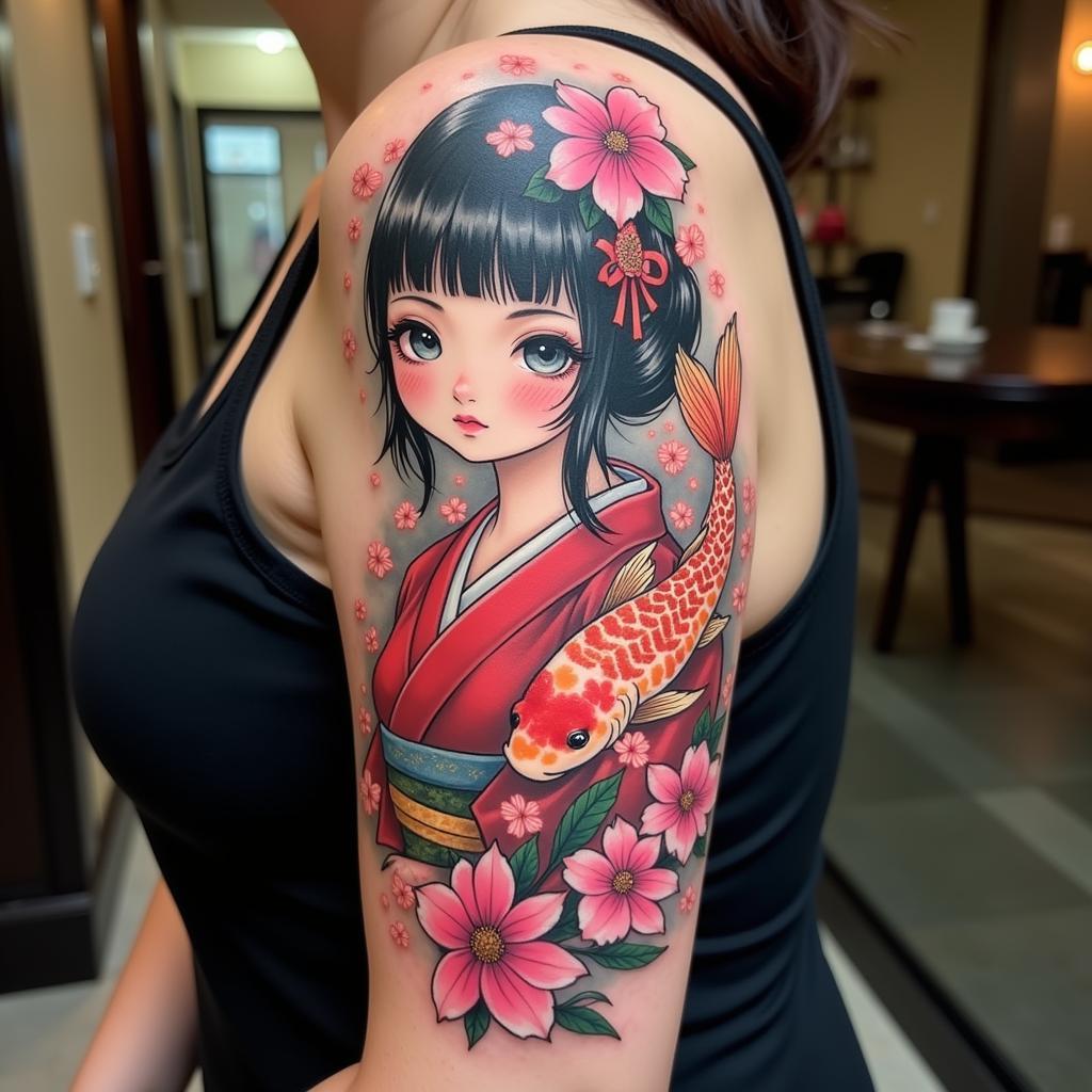 Hình xăm cô gái Nhật kết hợp biểu tượng may mắn hoa anh đào và cá Koi mang ý nghĩa bình an