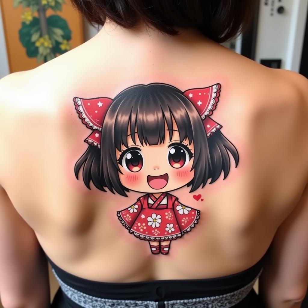 Hình xăm cô gái Nhật sau lưng phong cách Chibi với vẻ ngoài dễ thương và đáng yêu