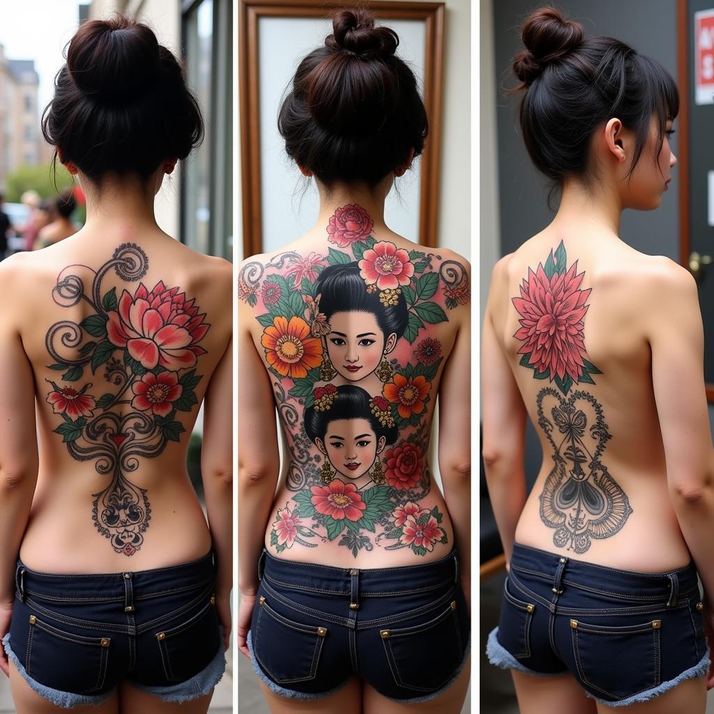 Hình xăm cô gái Nhật sau lưng đa dạng phong cách Irezumi, Neo-traditional và Minimalist