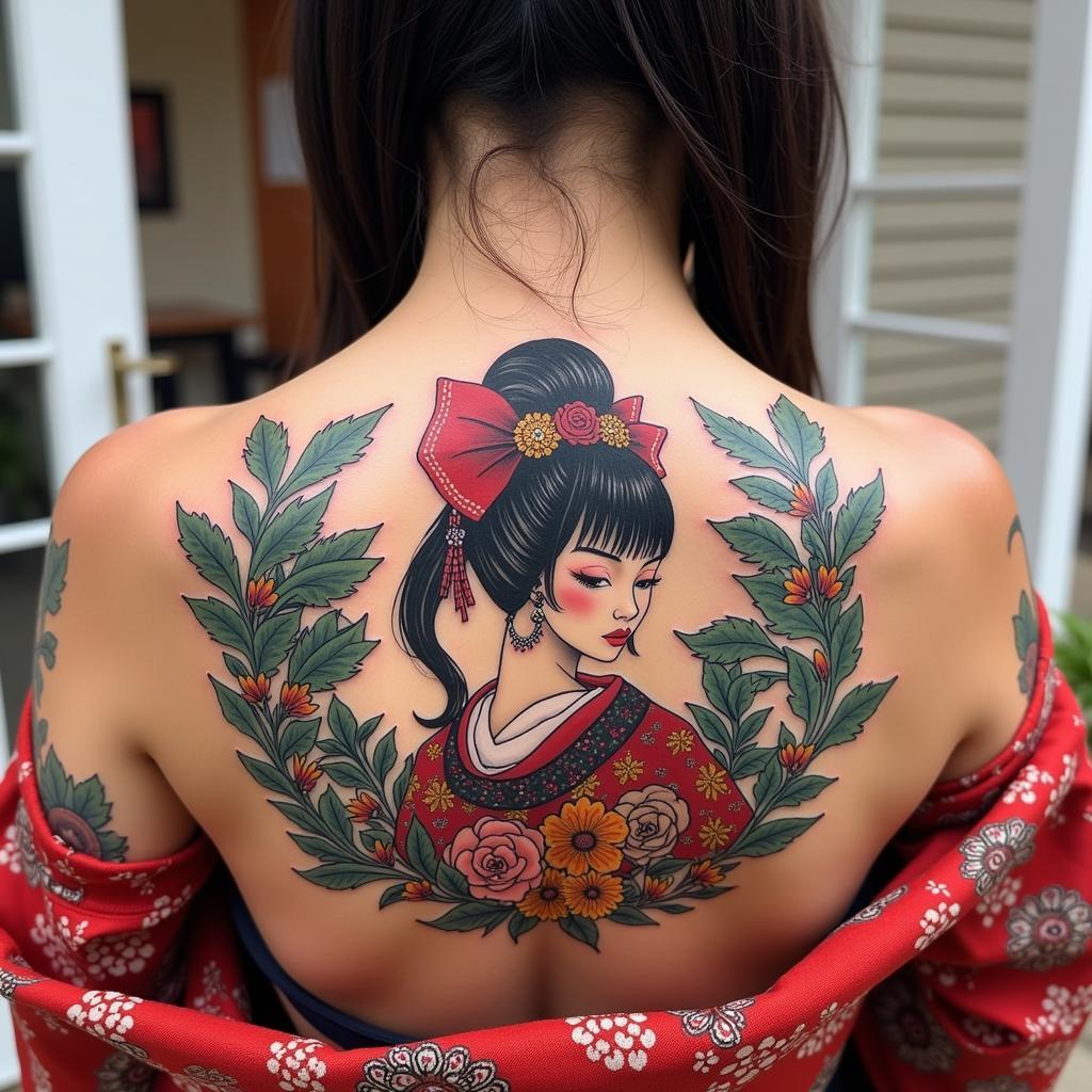 Hình xăm cô gái Nhật sau lưng tinh tế với đường nét tỉ mỉ và màu sắc hài hòa