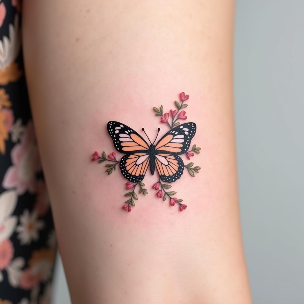 Hình xăm con bướm mini kết hợp với hoa tạo nên vẻ đẹp lãng mạn và nữ tính dịu dàng