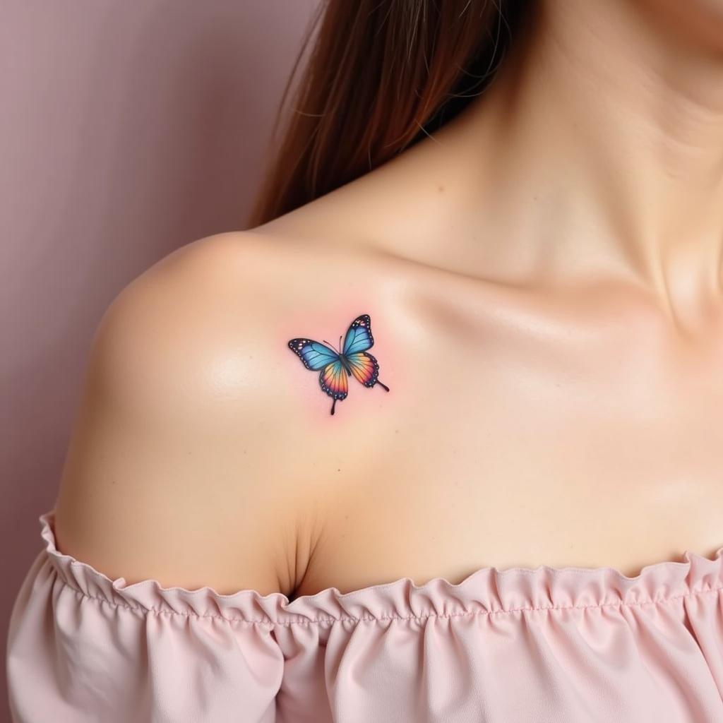 Hình xăm con bướm mini gần vai thể hiện sự quyến rũ và phong cách nữ tính nhẹ nhàng
