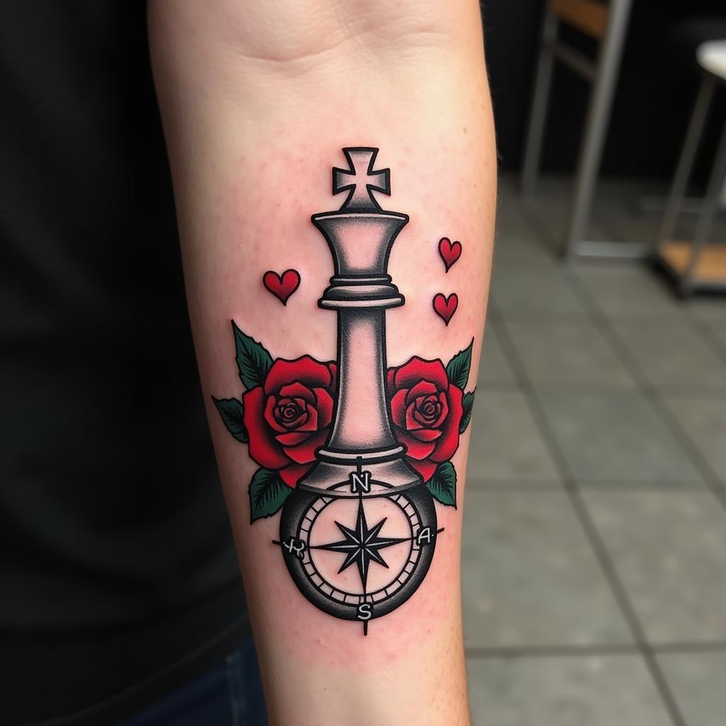 Hình xăm con chốt kết hợp hoa hồng và la bàn, biểu tượng cá tính độc đáo