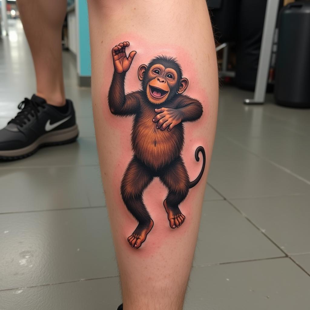 Hình xăm con khỉ 3D nhảy nhót ở cẳng chân, thể hiện sự vui tươi và năng động
