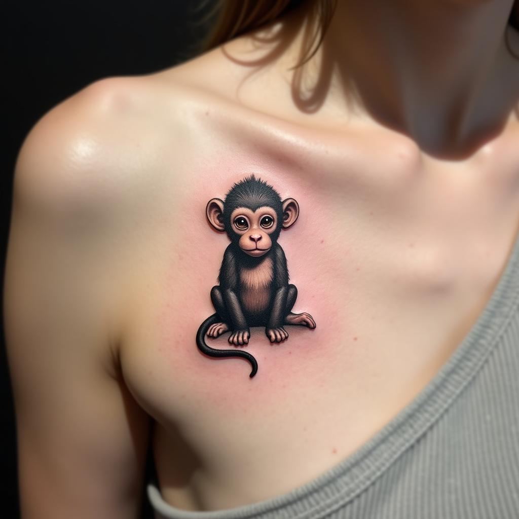 Hình xăm con khỉ 3D nhỏ nhắn trên vai, tạo cảm giác bảo vệ và tinh tế
