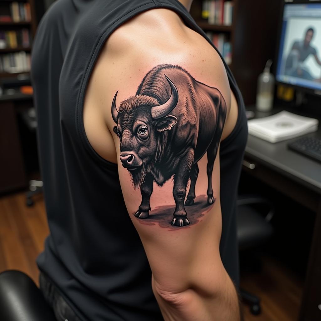 hinh-xam-con-trau-bap-tay-nam-tinh-manh-me-67bc06 Hình xăm con trâu ở bắp tay thể hiện sự nam tính và mạnh mẽ