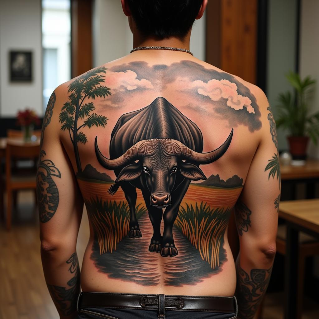 Hình xăm con trâu full lưng tượng trưng cho sự cần cù và đức tính chăm chỉ trong công việc