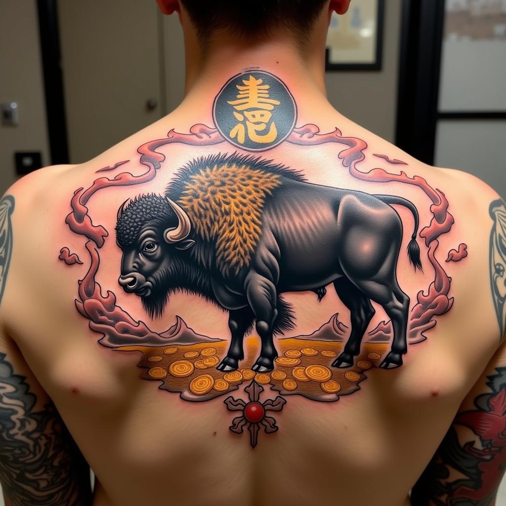 Hình xăm con trâu full lưng mang ý nghĩa thịnh vượng và may mắn trong phong thủy