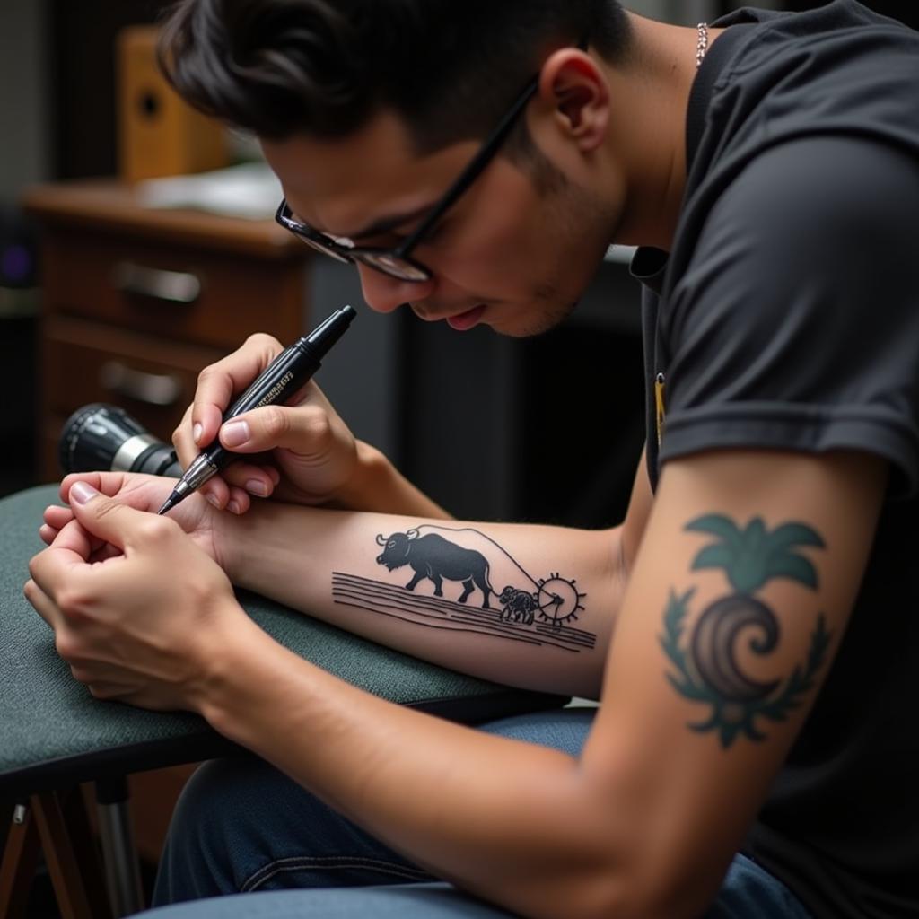 hinh-xam-con-trau-phong-cach-truyen-thong-don-gian-67bc05 Hình xăm con trâu phong cách truyền thống với đường nét đơn giản và màu sắc tự nhiên