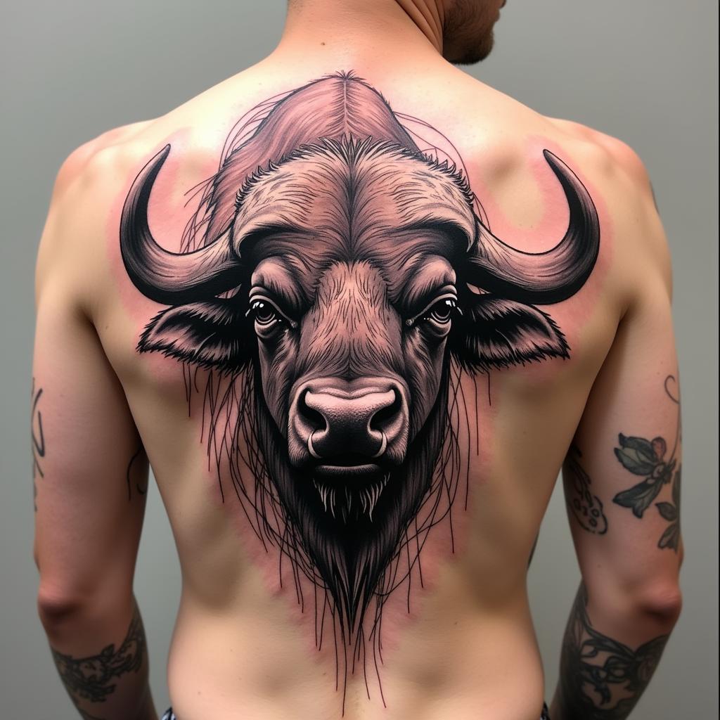 Hình xăm con trâu full lưng phong cách phác họa tự do và phóng khoáng