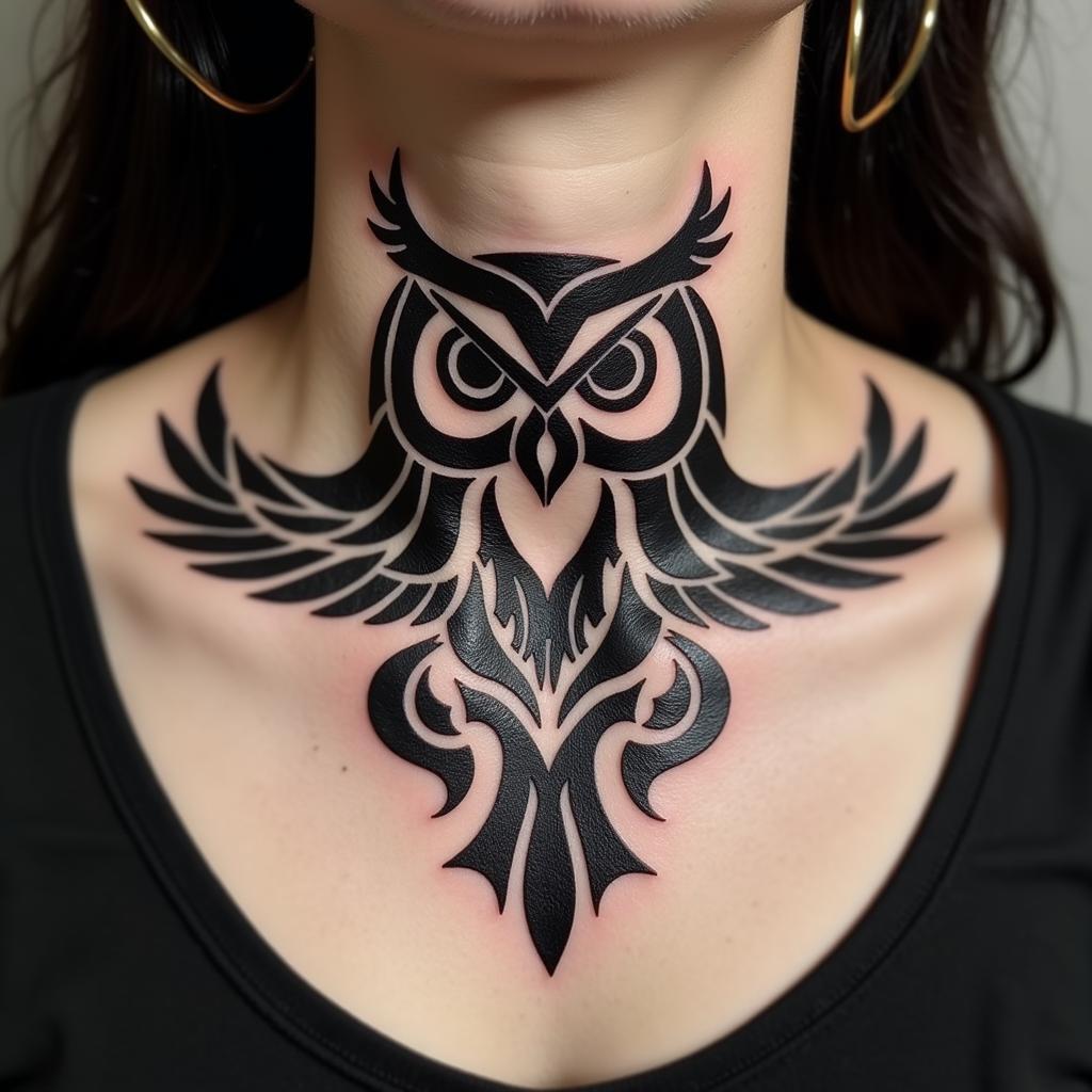 Hình xăm cú mèo ở cổ phong cách bộ lạc Hình xăm cú mèo ở cổ phong cách bộ lạc