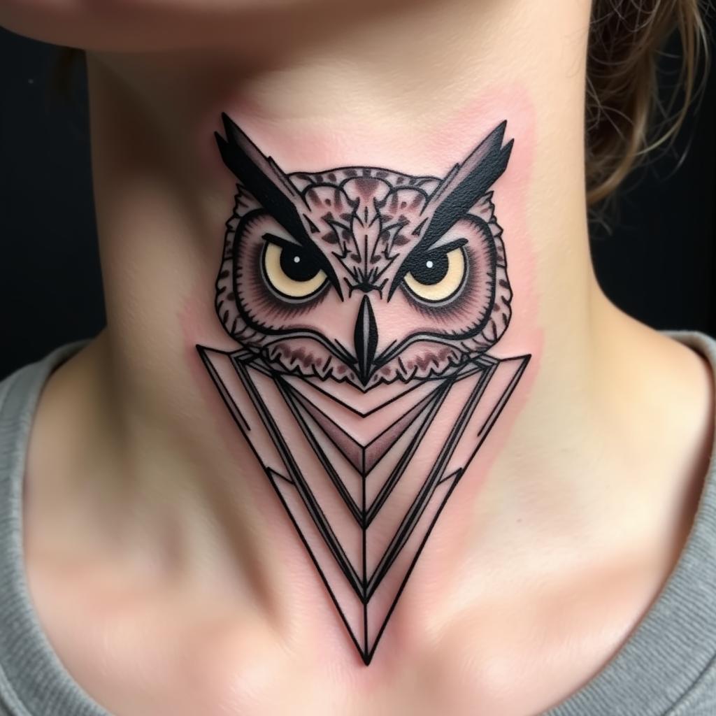 Hình xăm cú mèo ở cổ phong cách hình học Hình xăm cú mèo ở cổ phong cách hình học