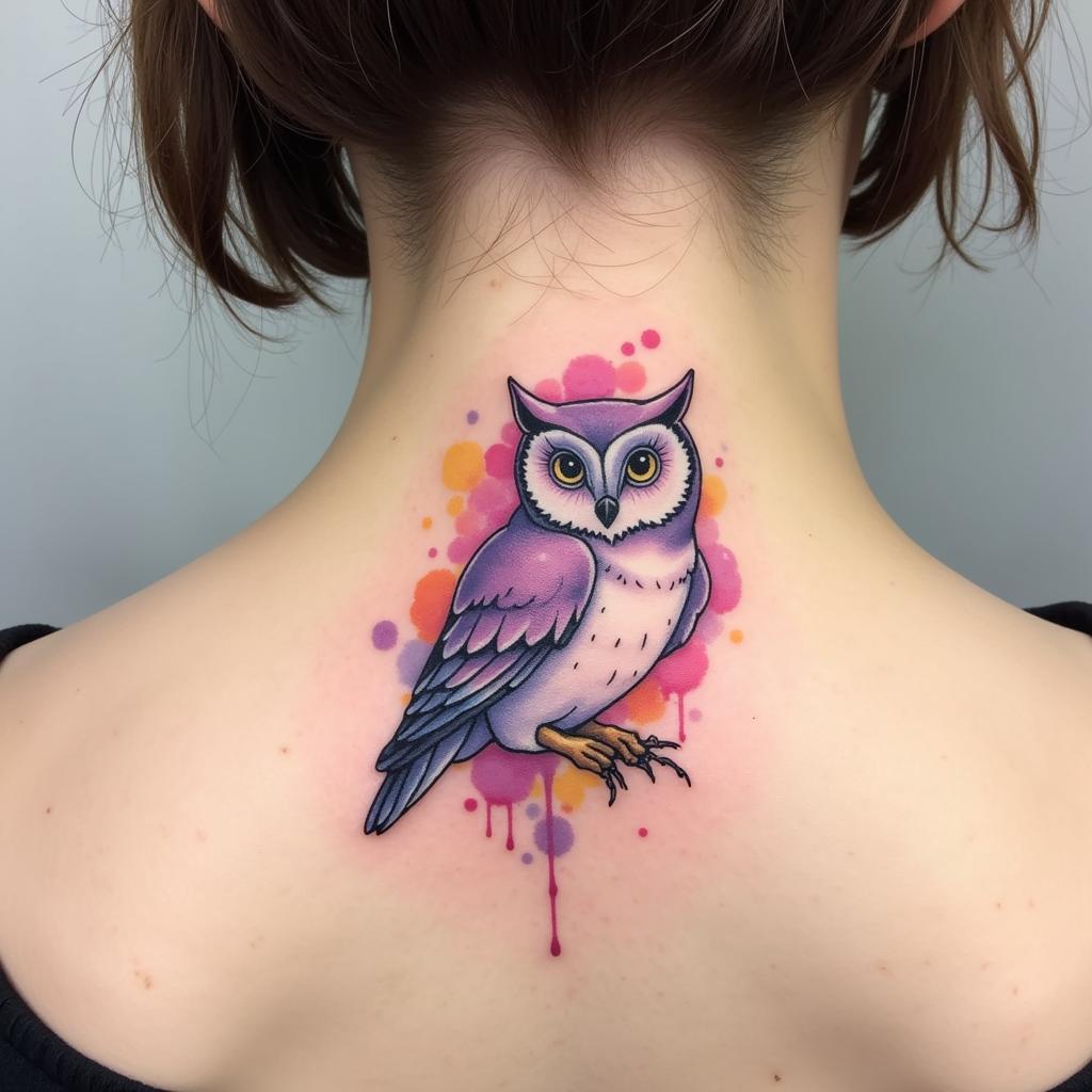 Hình xăm cú mèo ở cổ phong cách màu nước Hình xăm cú mèo ở cổ phong cách màu nước