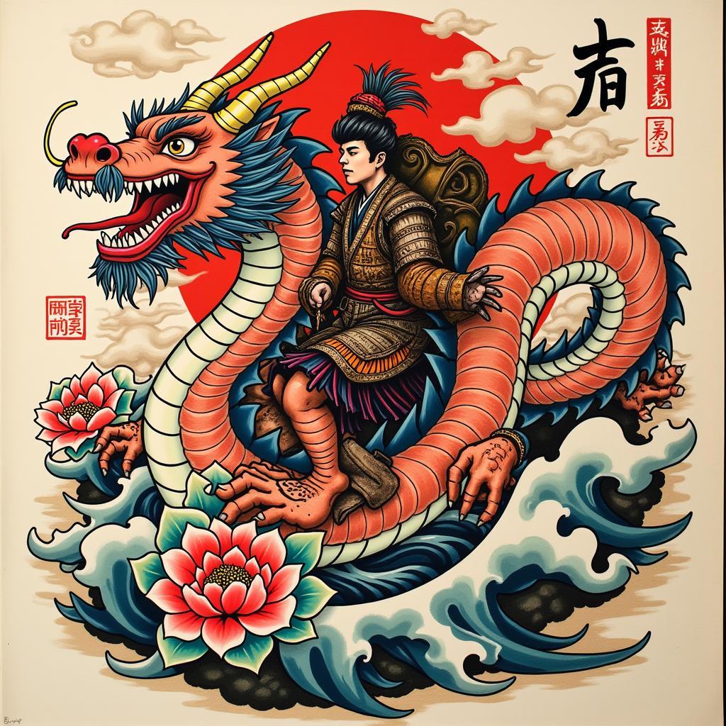 Hình xăm cưỡi rồng phong cách Irezumi Nhật Bản tinh xảo kết hợp yếu tố sóng biển, mây trời và hoa lá